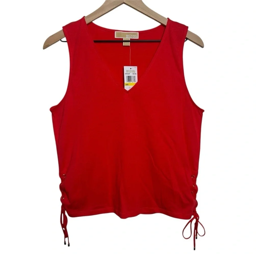 Michael Kors V-neck Top Grommet Side Tie Medium Sleeveless Sea Coral Cotton Work